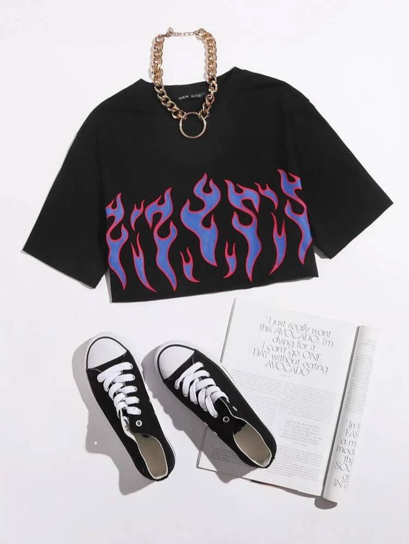 Social SHEIN Fogo Ocasional Camiseta

