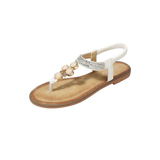 Sandalias Bohemias para Mujer,Zapatillas de Perlas de Diamantes de ImitacióN Sandal