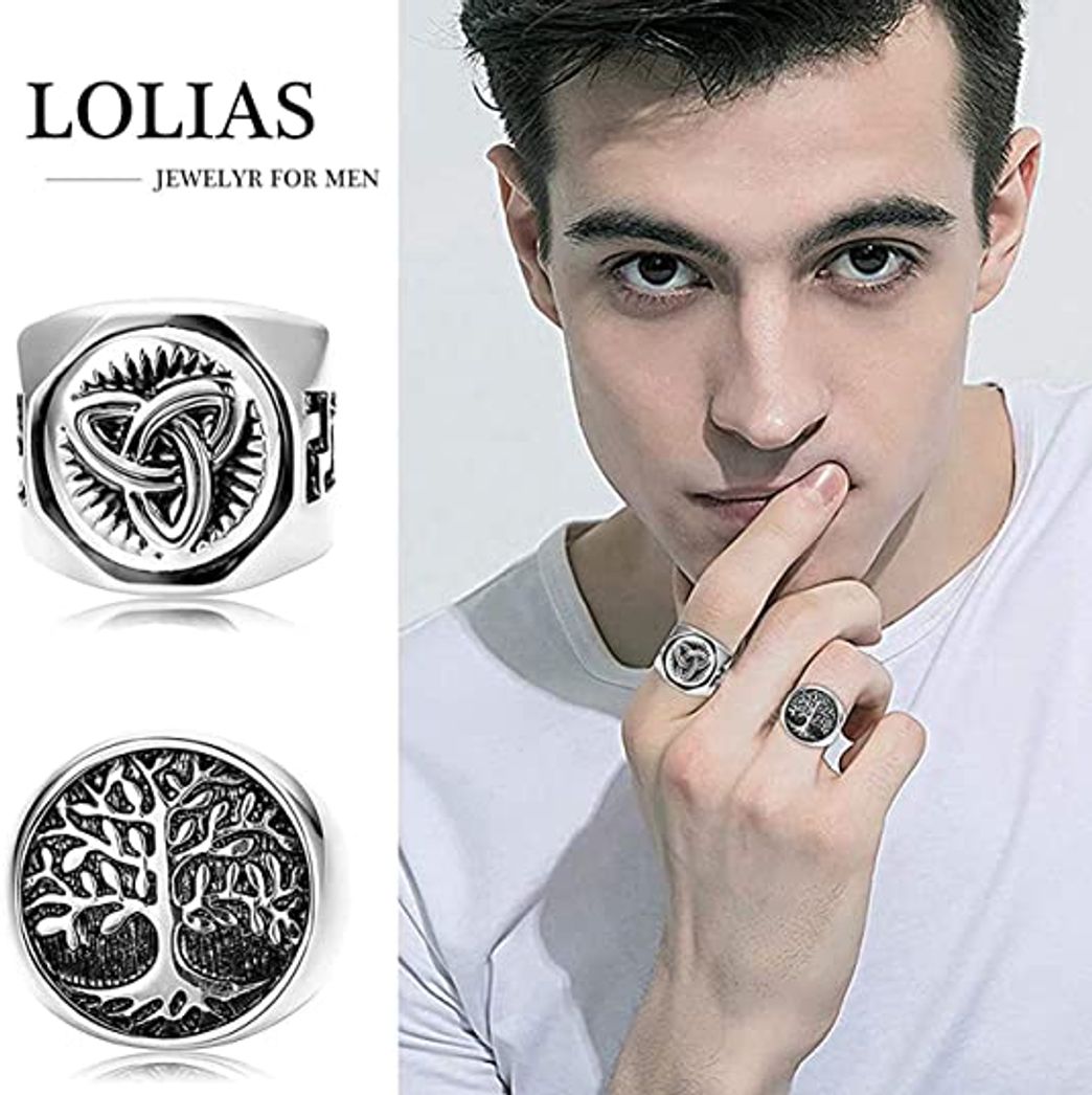 Moda LOLIAS 4Pcs Anillos Hombre Signet Acero Inoxidable Anillos Nudo Celta Anchos para Hombres Mujeres Band Vintage Anillo Árbol de la Vida Juego Anillos Gótico Rock Retro Negro Anillo para Hombres