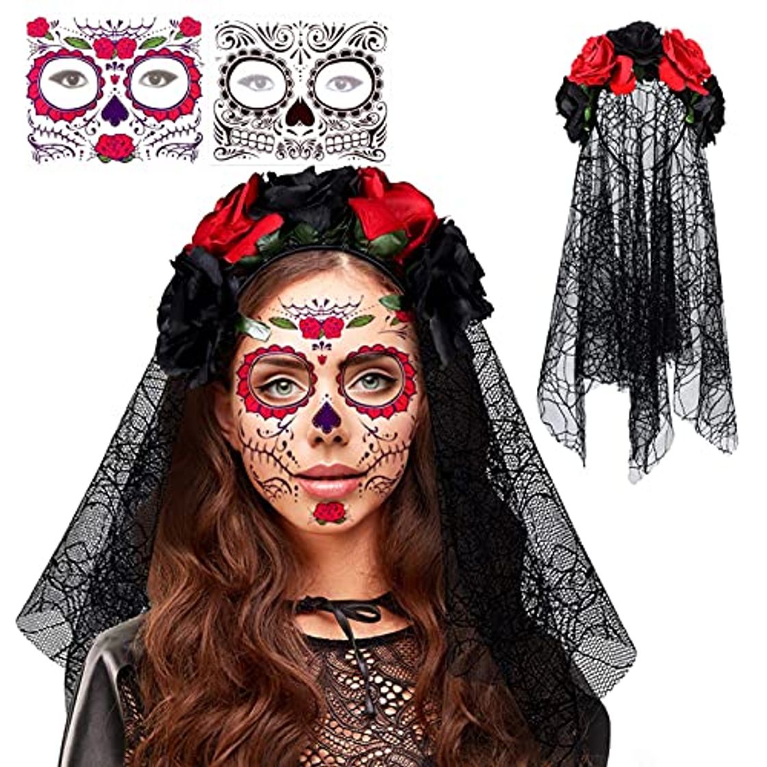 Fashion Diadema del Día de Muertos con Rosas Rojas