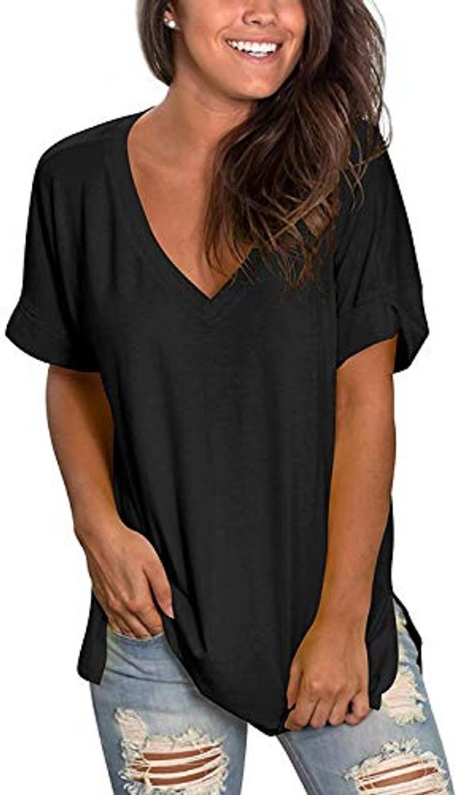 Moda heekpek Blusas de Moda Verano Mujer Blusas y Camisas de Mujer Ropa Mujer Verano Tops Mujer Camisas OversizedColor Sólido V Neck Negro Blanco Camisa Manga Corta Plus Size