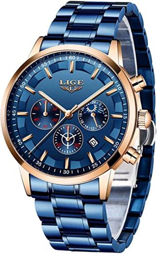 LIGE Relojes para Hombre Moda Acero Inoxidable Deportivo Analógico Reloj Cronógrafo Impermeable