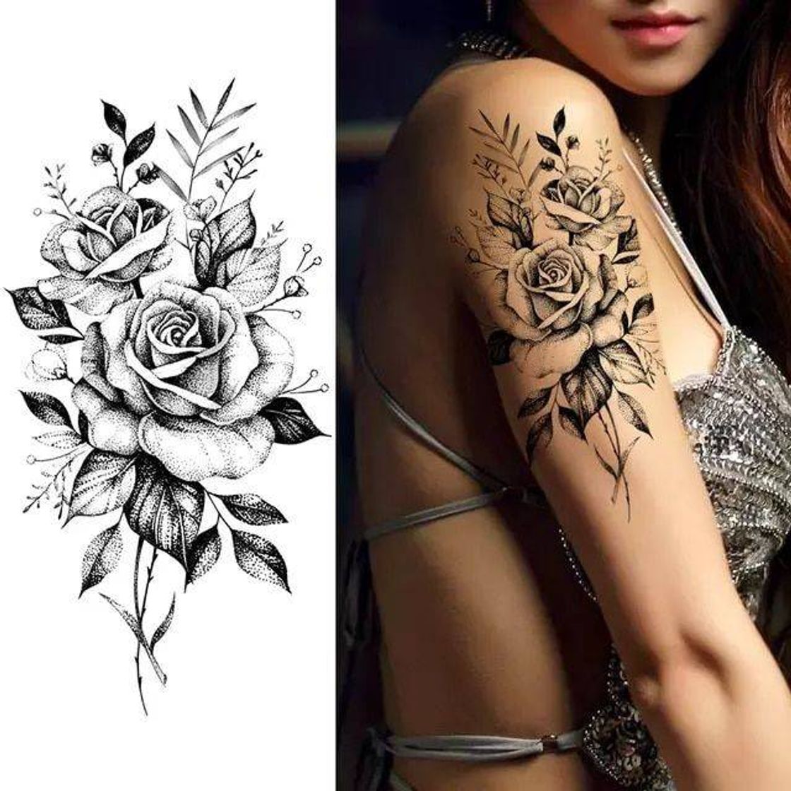 Moda Tatuagem de rosa realista nos ombros.