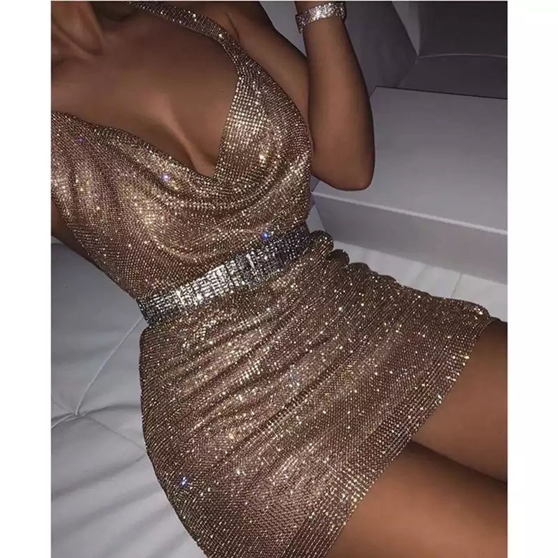 Fashion Sexy Deep V Neck Crystal Dress Women Luxury Rhinestone