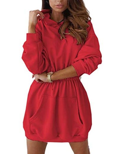 Sudaderas con Capucha Mujer Manga Larga Jersey Larga Casual Vestidos Sudadera Vestidos Hoodie Jersey Larga con Bolsillos Rojo L