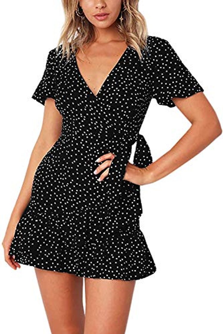 Fashion Vestido Cruzado de Manga Corta de Verano para Mujer, minivestidos con Estampado