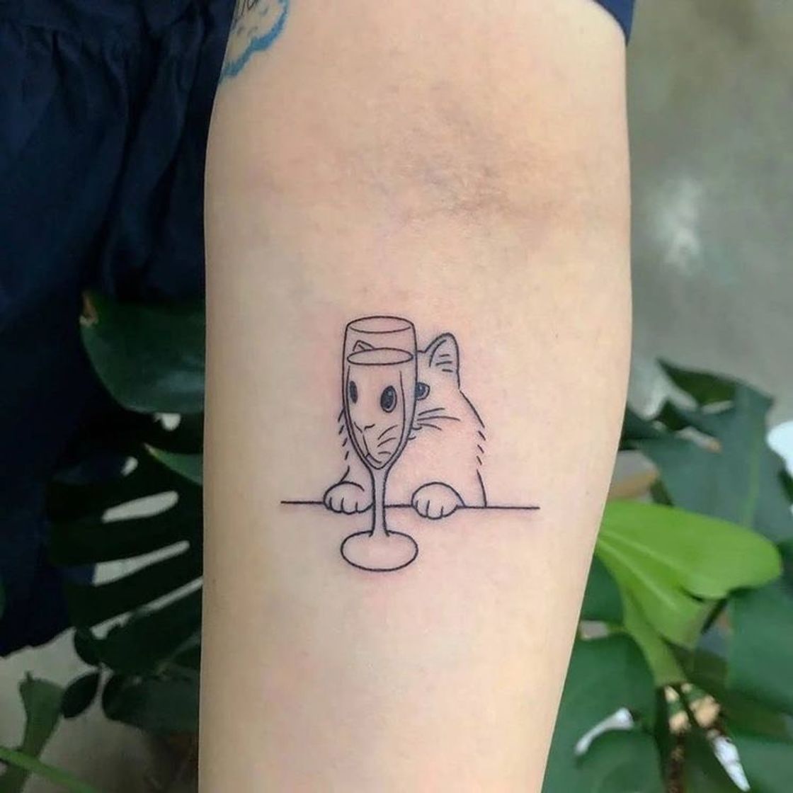 Moda Tatuagem minimalista de um gato olhando uma taça. 