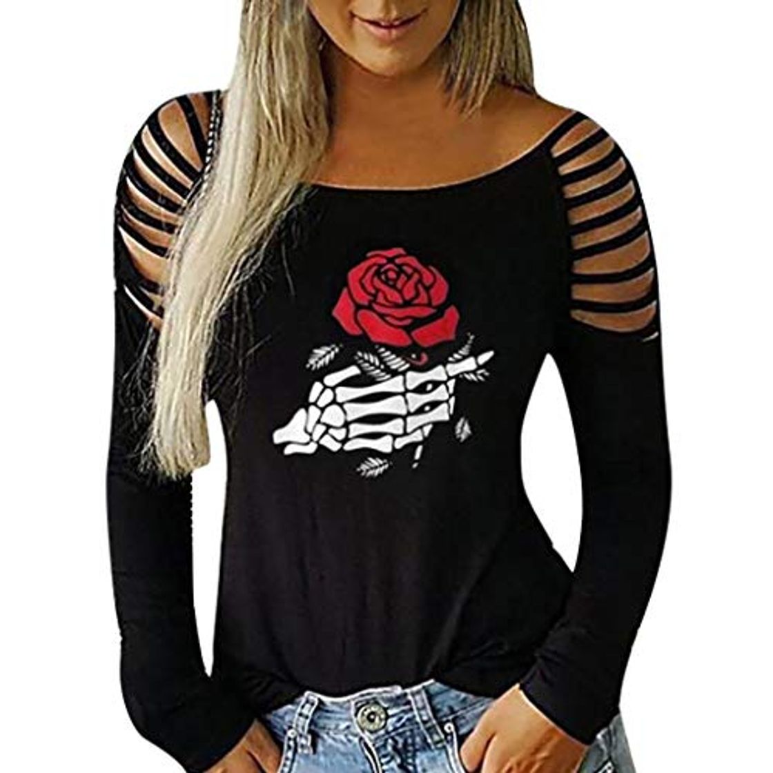 Products Sudadera para Mujer Moda Halloween Punk Gótico Manga Larga Fuera del Hombro Talla Grande Cuello Redondo Jersey Mujer Otoño Primavera Blusa Tops Tumblr Suéter Mujer Abrigo Deportiva por vpass