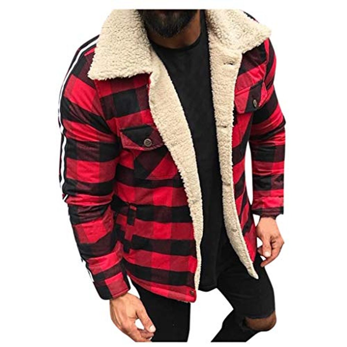 Social waotier Chaqueta Moda Masculina Cazadora Compuesto a Cuadros Forro de Pelusa Cárdigan Casual Botón Blusa Felpa Tops Abrigo