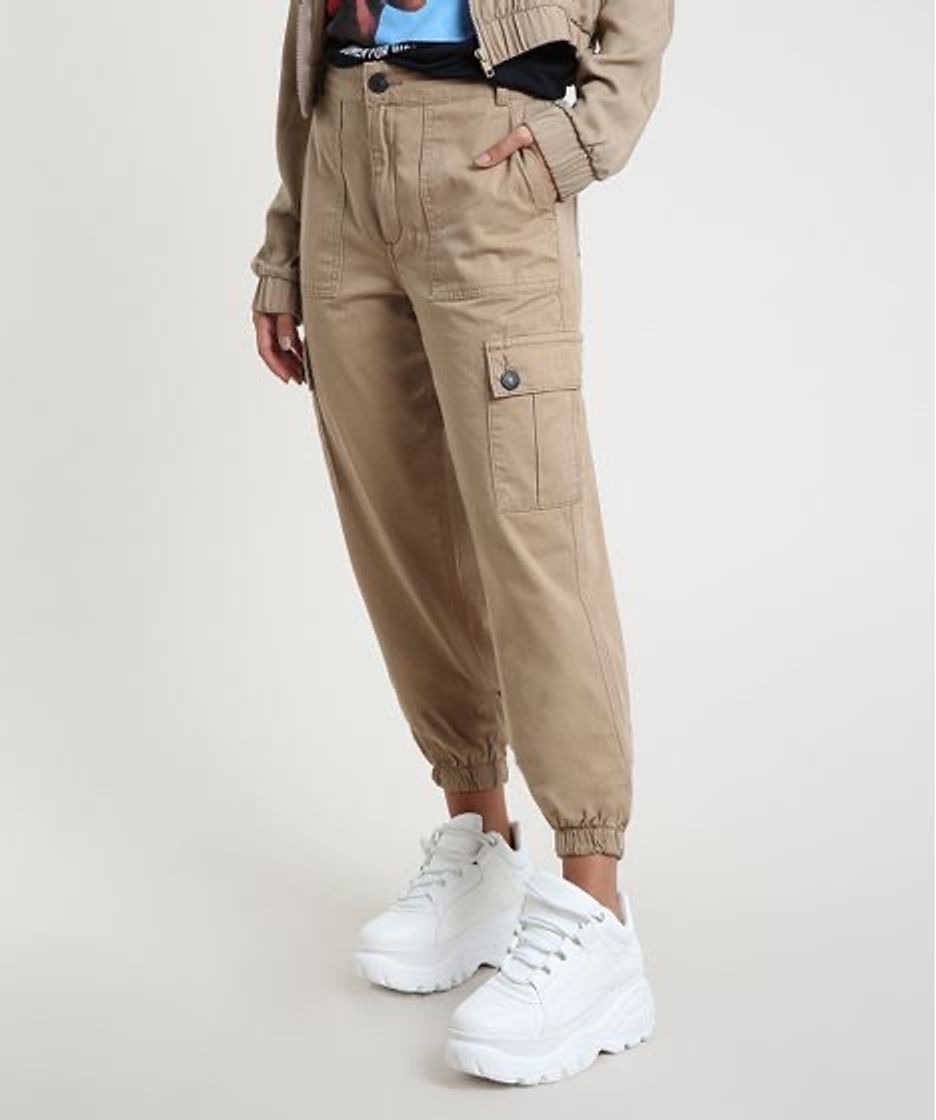 Fashion calça de sarja feminina jogger cargo cintura alta kaki