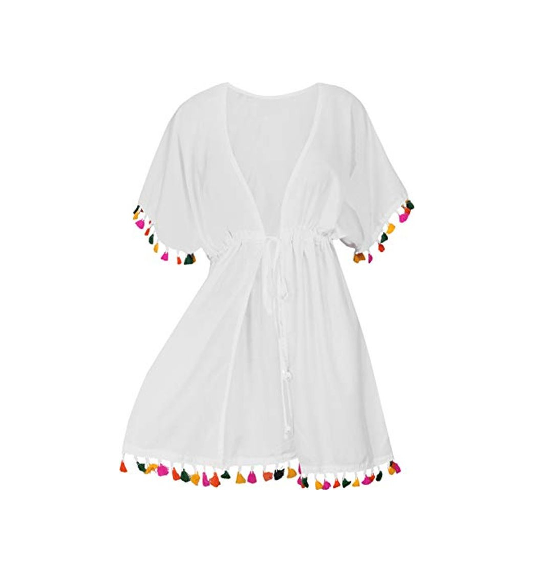 LA LEELA Cosplay Disfraces De Fiesta De Halloween Mujeres rayón Praia de Encaje Corto Kimono Cardigan Ganchillo de La Vendimia Borlas Mini Vestido Exóticas Protector Solar Ropa de Playa Blanco_B49