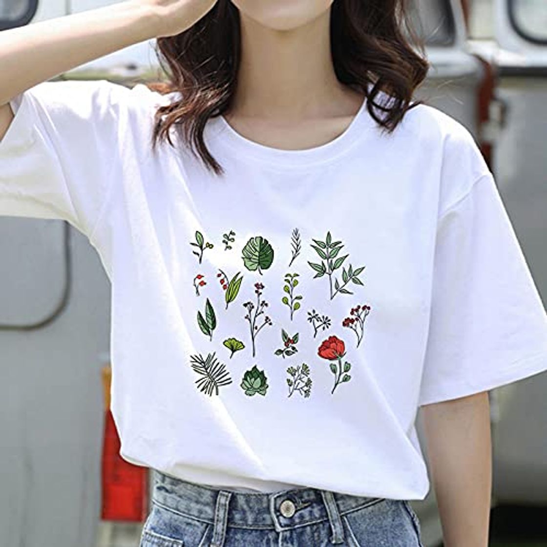 Fashion VIQNJ Camiseta Femenina de Manga Curta verão Moda Casual Floral com Estampa