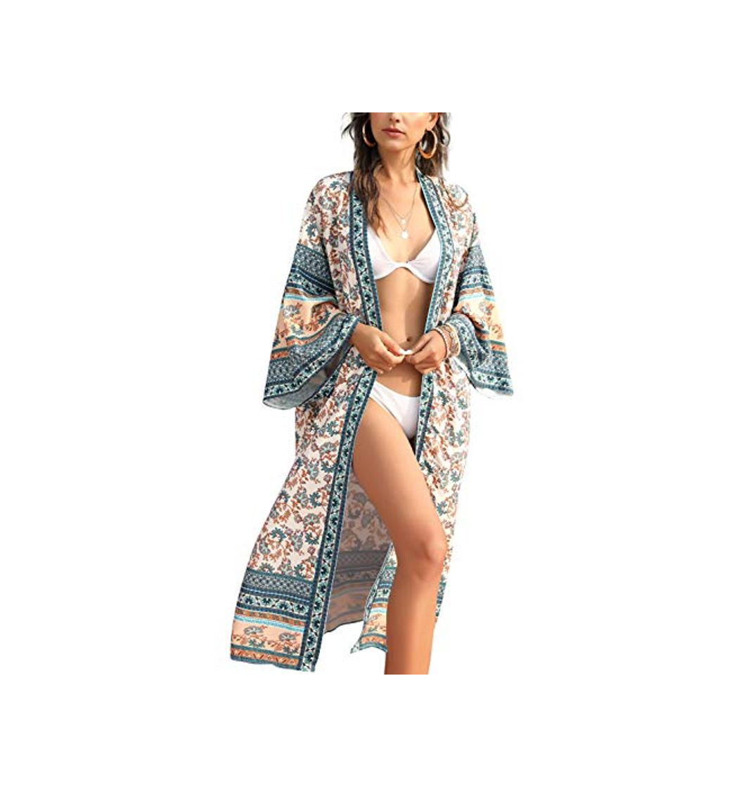 Fashion AiJump Vestido de Playa Floral Kimono para Bañador Pareos Camisa Larga de Verano Cover Ups para Mujer