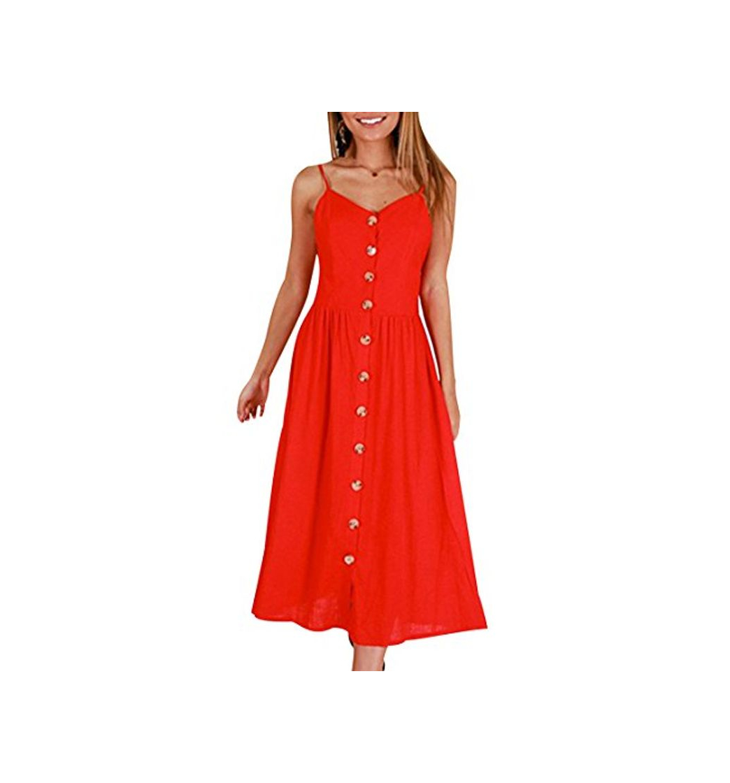 Producto ISSHE Vestidos de Verano Midi Mujer Vestido de Diario Boho Estampados Flores Casuales Vestidos Playeros Botón Cuello en V sin Mangas Diarios Señora Vestido Playero Bonitos Fiesta Casual Coctel Rojo S