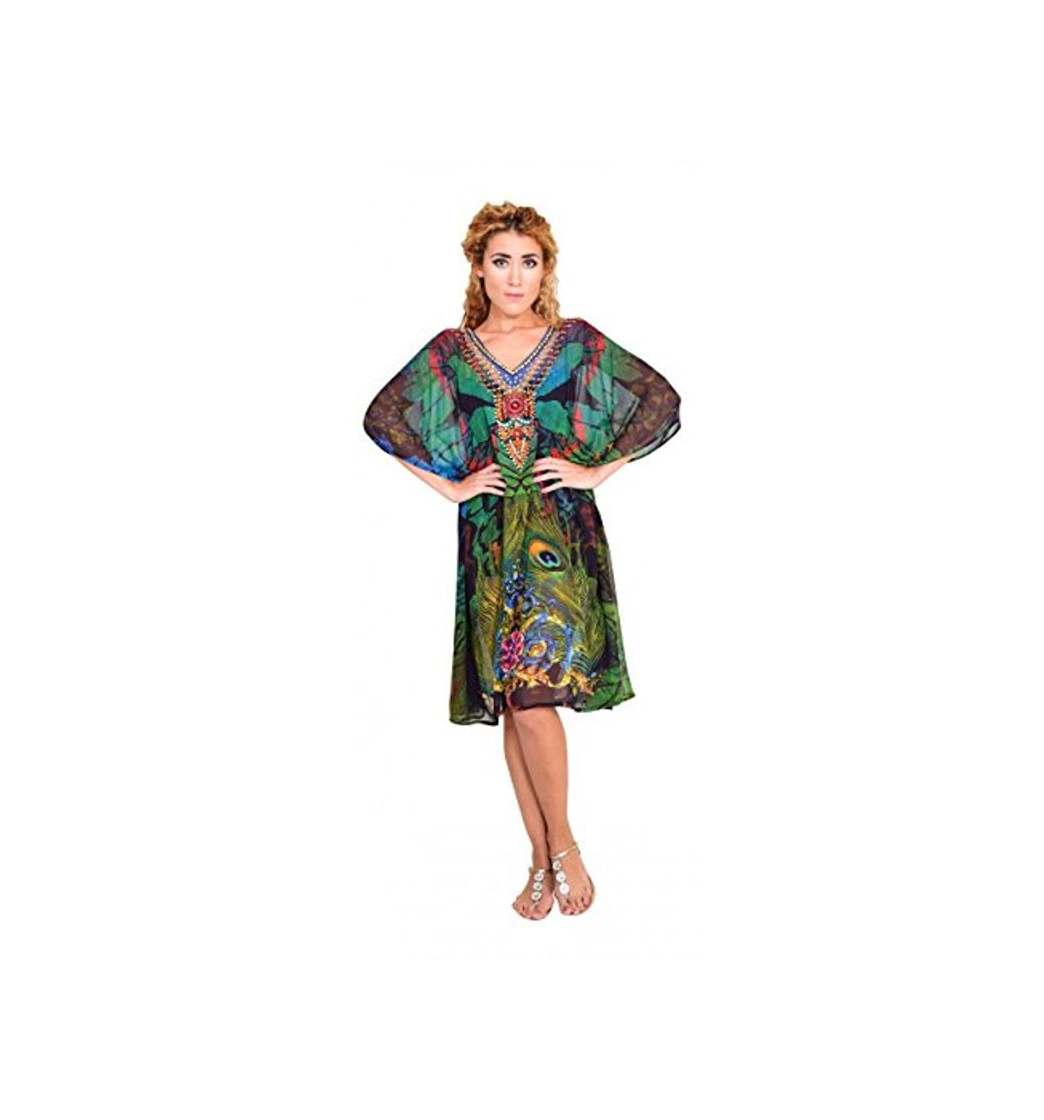 Producto Bayside Barcelona españa Pluma de Pavo Real impresión en Caja Caftan de Las Mujeres de la Cristales embellecidos Digital Kimono Ropa de Playa de Verano Vestido de Fiesta