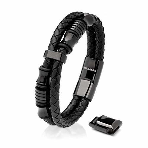 SERASAR 20cm Negro Pulsera de Cuero Hombre Chico Pulseras Hombres Brazalete Brazaletes