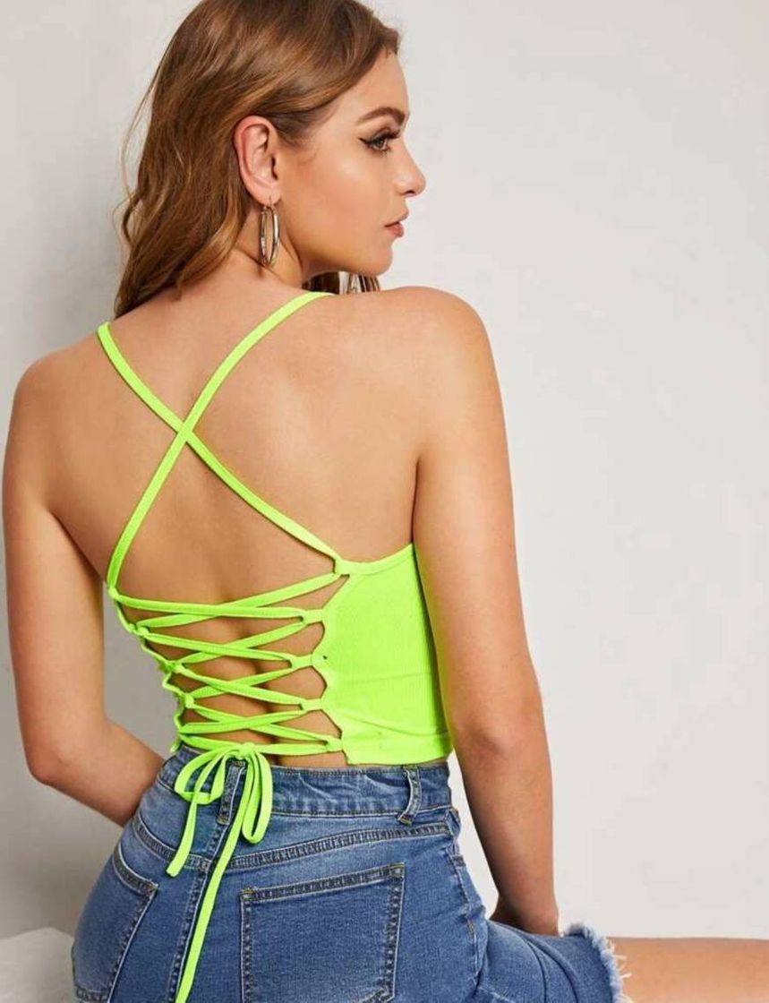 Social Top De Canalé De Canalé Con Costuras  Neón Verde Con CordOn