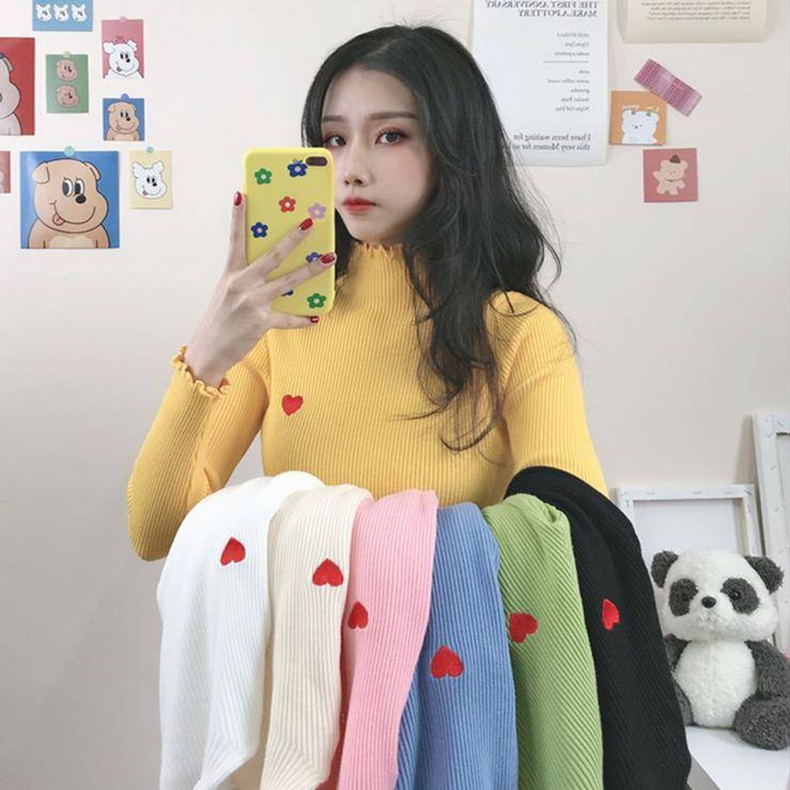 Social Camisa coreana Harajuku Kawaii de cuello alto de corazón de 