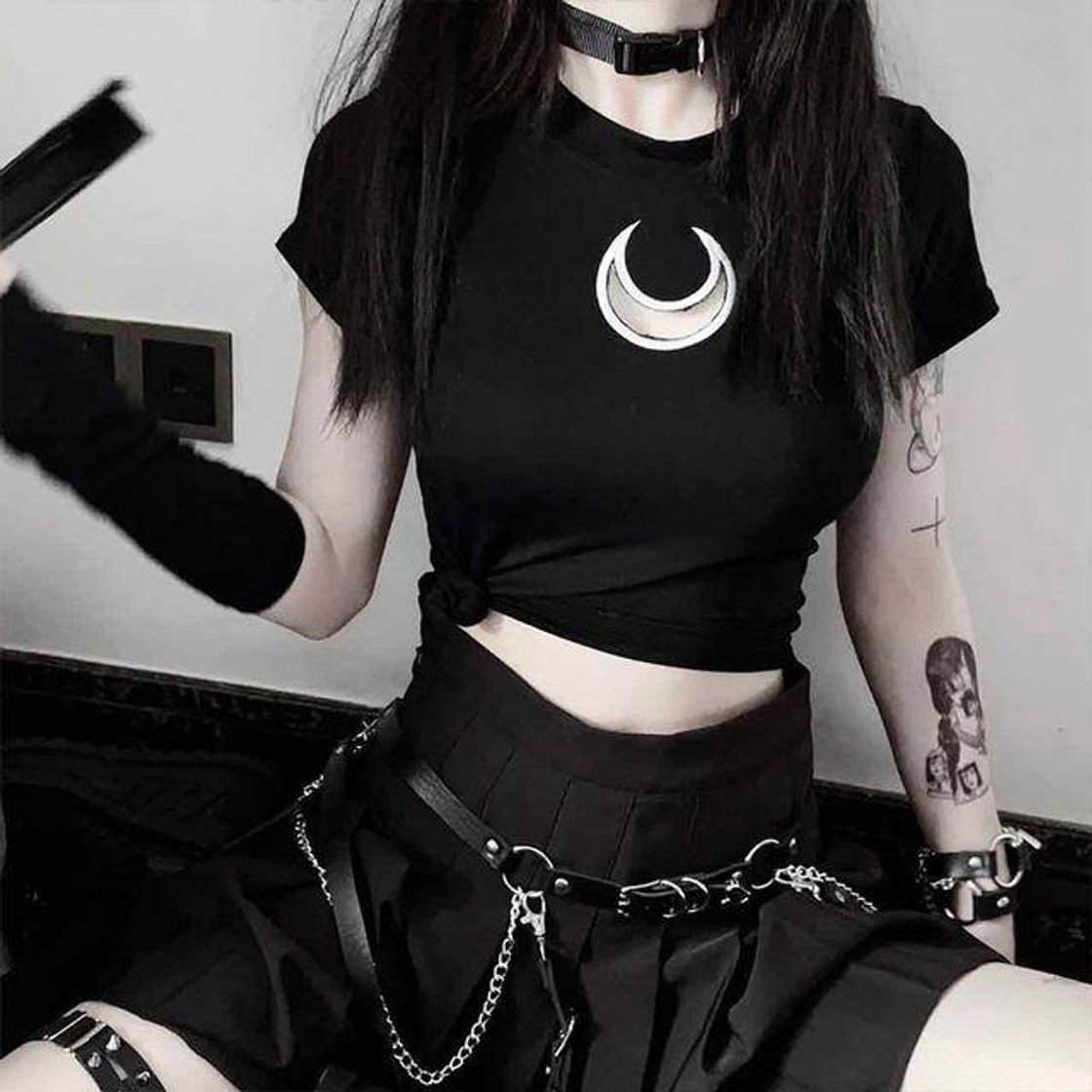 Fashion Gothic Moon Harajuku Bodycon crop tops negros


