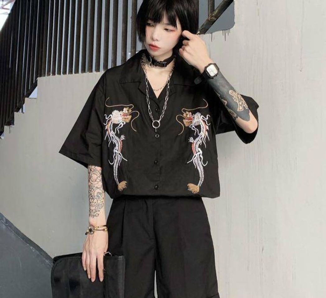 Moda Camisas Harajuku Punk Gothic Black Korean Dragon

