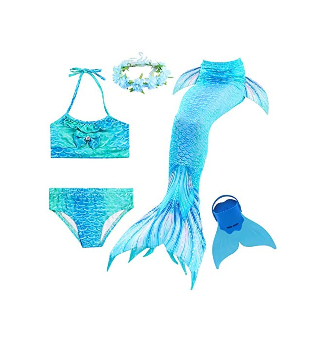 Product Romance Zone Cola de Sirena para Natación 5pcs Traje de Baño Mermaid Bikini Establece Disfraz de Sirena para Niña Princesa Cosplay Conjuntos con Diadema de Flores y Monofín