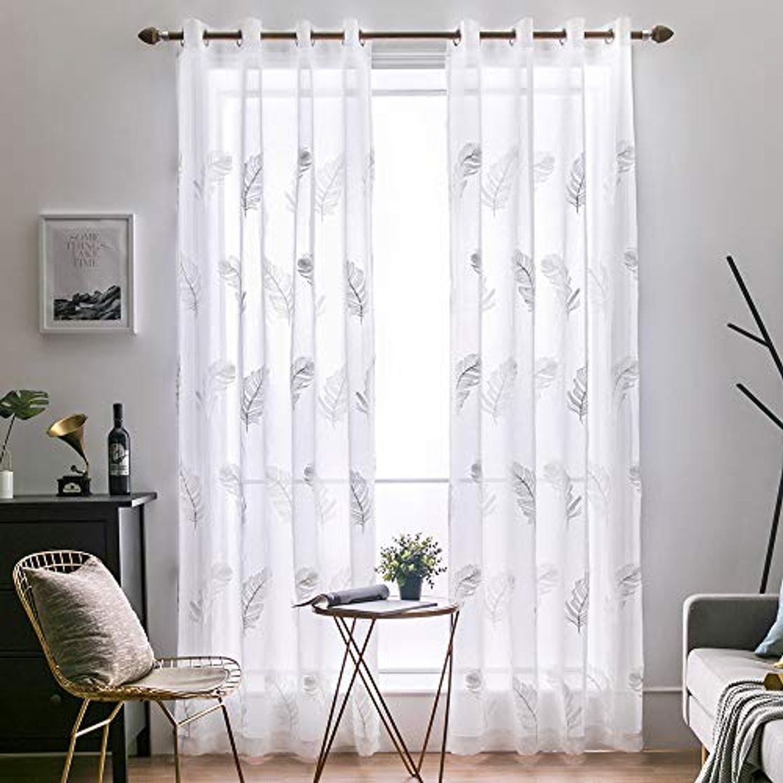 Producto MIULEE 2 Unidades Cortinas Bordado Translucida de Dormitorio Moderno Ventana Visillos Rayas Salon Paneles con Ojales Plateados para Sala Cuarto Comedor Salon Cocina Habitación 140x175cm Blanco