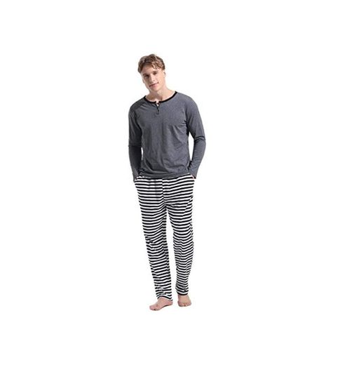 Abollria Pijamas Hombre Algodón 2 Piezas Mangas Larga Pantalon Largo Invierno Cómodo y Agradable