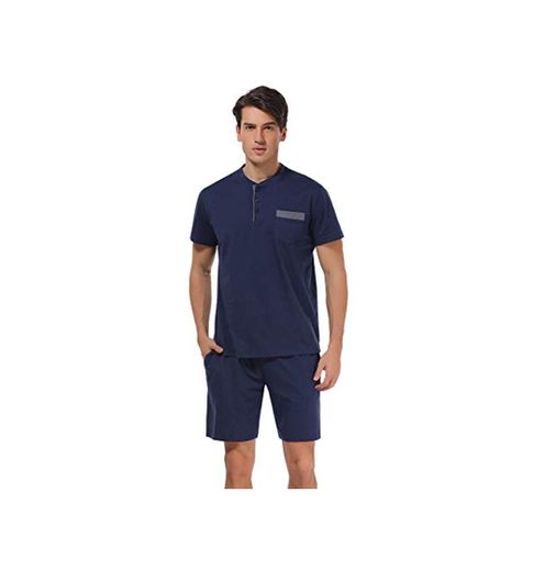 Aibrou Pijama Hombre Verano Corto de 100% Algodón Pijamas de Hombre Verano con Pantalón Talla Grande