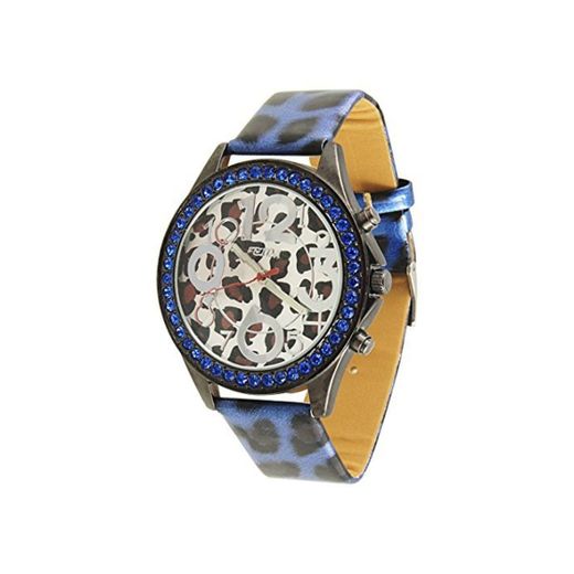 DealMux Mujer Estampado Leopardo Azul de imitación de Cuero de la Venda Rhinestoone Incrustaciones de Reloj del Caso