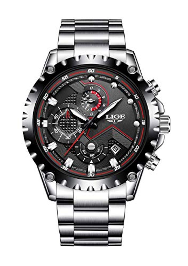 Fashion LIGE Relojes para Hombre Negro Acero Inoxidable Moda Reloj Deportes Impermeable Gran