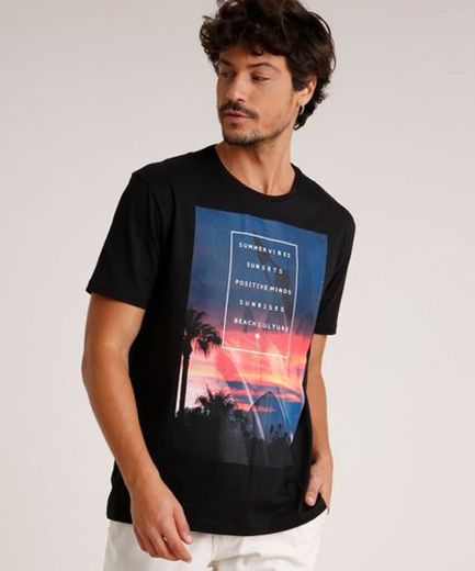 Camiseta Masculina "Summer Vibes" Manga Curta Gola Careca Preta