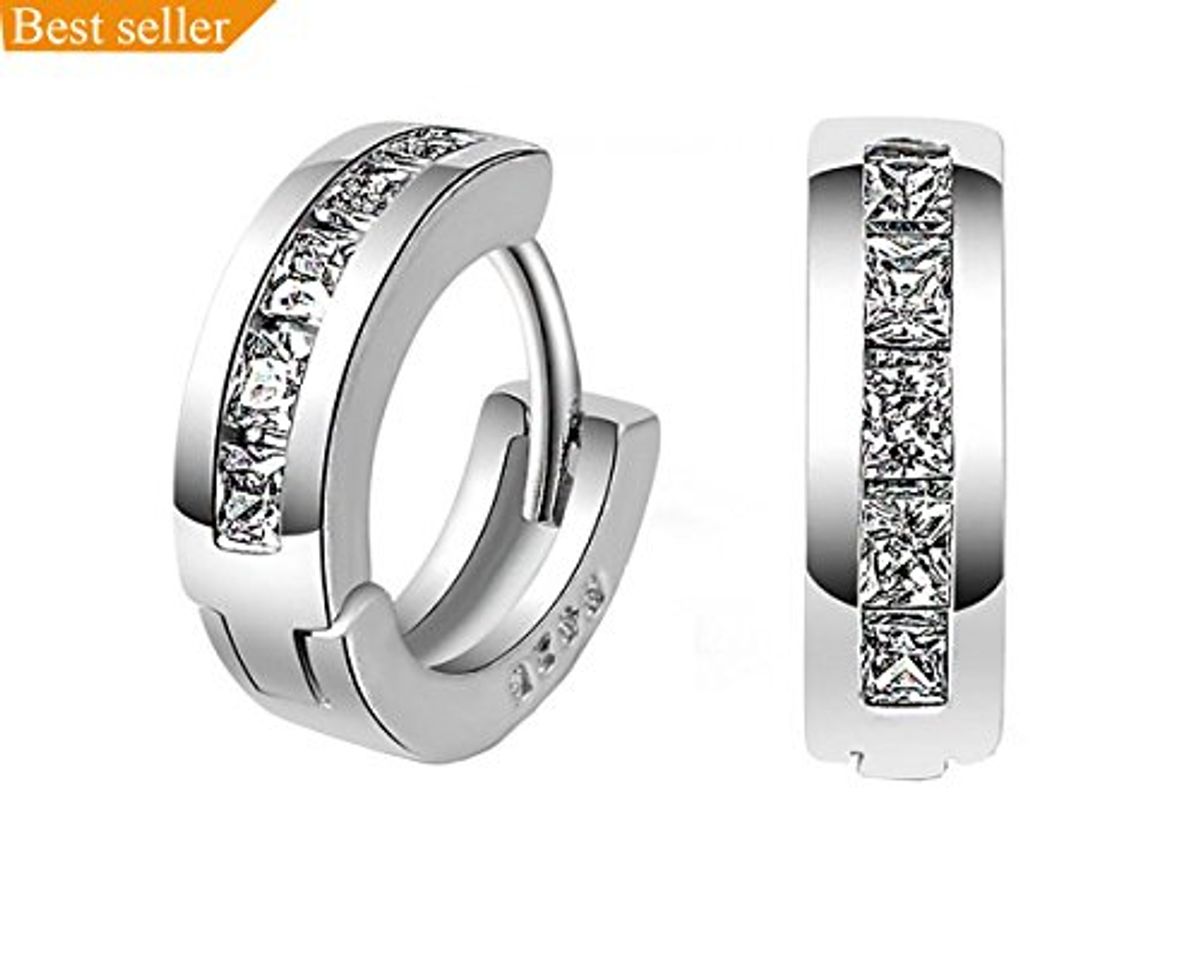 Social Hosaire Pendientes Aro de Mujer/Hombre de Plata con Cristal/Circonita Blanco con Sello