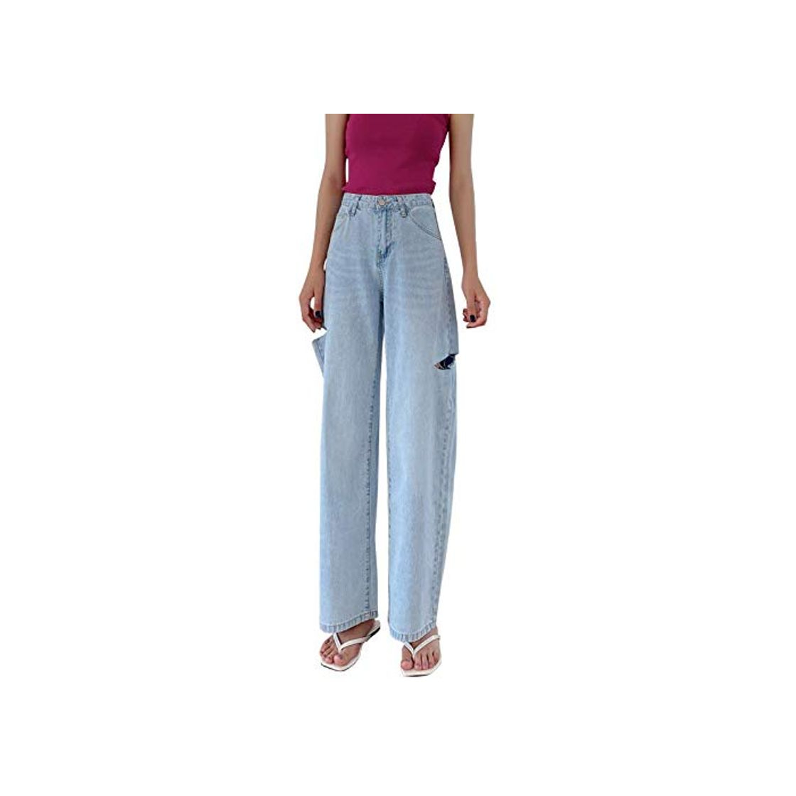 Producto XACXYDP Jeans Pantalones De Piso De Tubo Recto Suelto para Mujer Pantalones Vaqueros De Pierna Ancha Pantalones De Cintura Alta Agujeros CaíDos