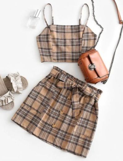 Conjunto Xadrez ZAFUL Top e Saia Cáqui — Plaid Suit