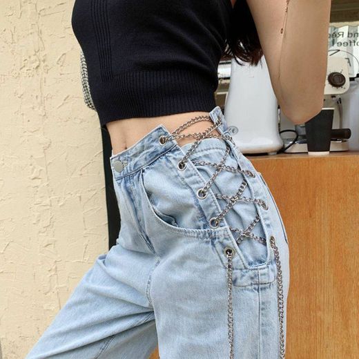 Chain Accent Straight Fit Jeans