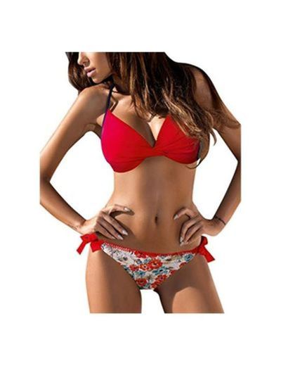 Tuopuda Mujer Multicolor Cabestro Bikini Conjuntos de Cintura Baja Ajustable Bikini Inferior Impresa Raya Playa Traje de Baño