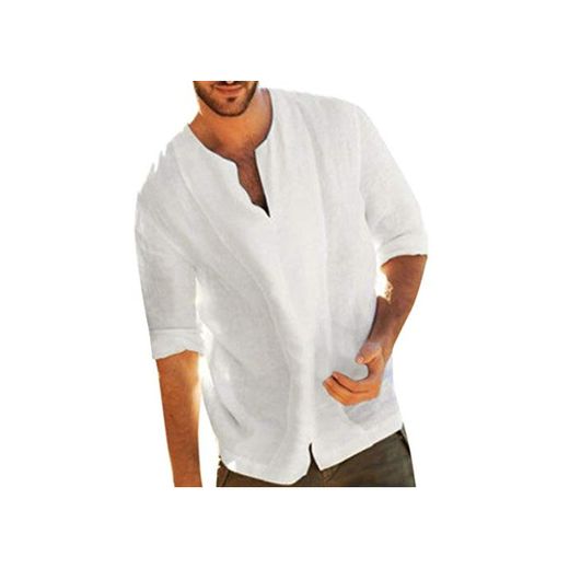 Camisa para Hombre Lino Blusa Casual de Manga Top Sin Cuello de