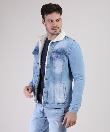 Jaqueta Jeans Masculina com Pelo Azul Claro - cea