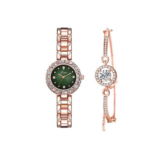 TCEPFS Reloj de Mujer Conjunto de 3 Piezas Reloj de Pulsera Simple y Lindo Joyas de Moda Damas Mujer Niña Hora Relojes de Pulsera de Cuarzo Casuales con Caja   Dorada