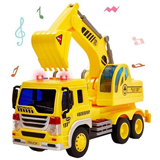 HERSITY Camiones de Juguetes Excavadora Coches Vehiculos de Construccion Grande con Luces y Sonidos para Niños