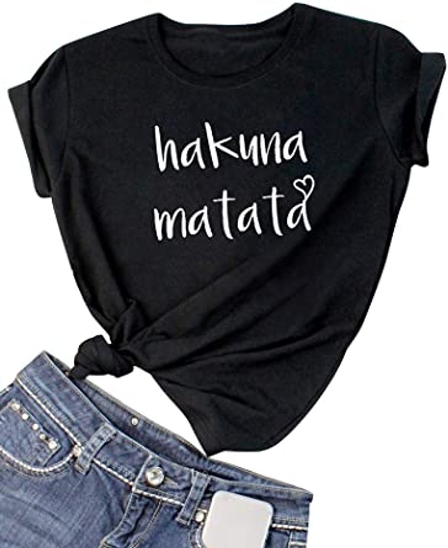 Product Dresswel Camiseta Mujer Manga Corta Hakuna Matata Letra Impresa Blusa Camisas Cuello Redondo Tops