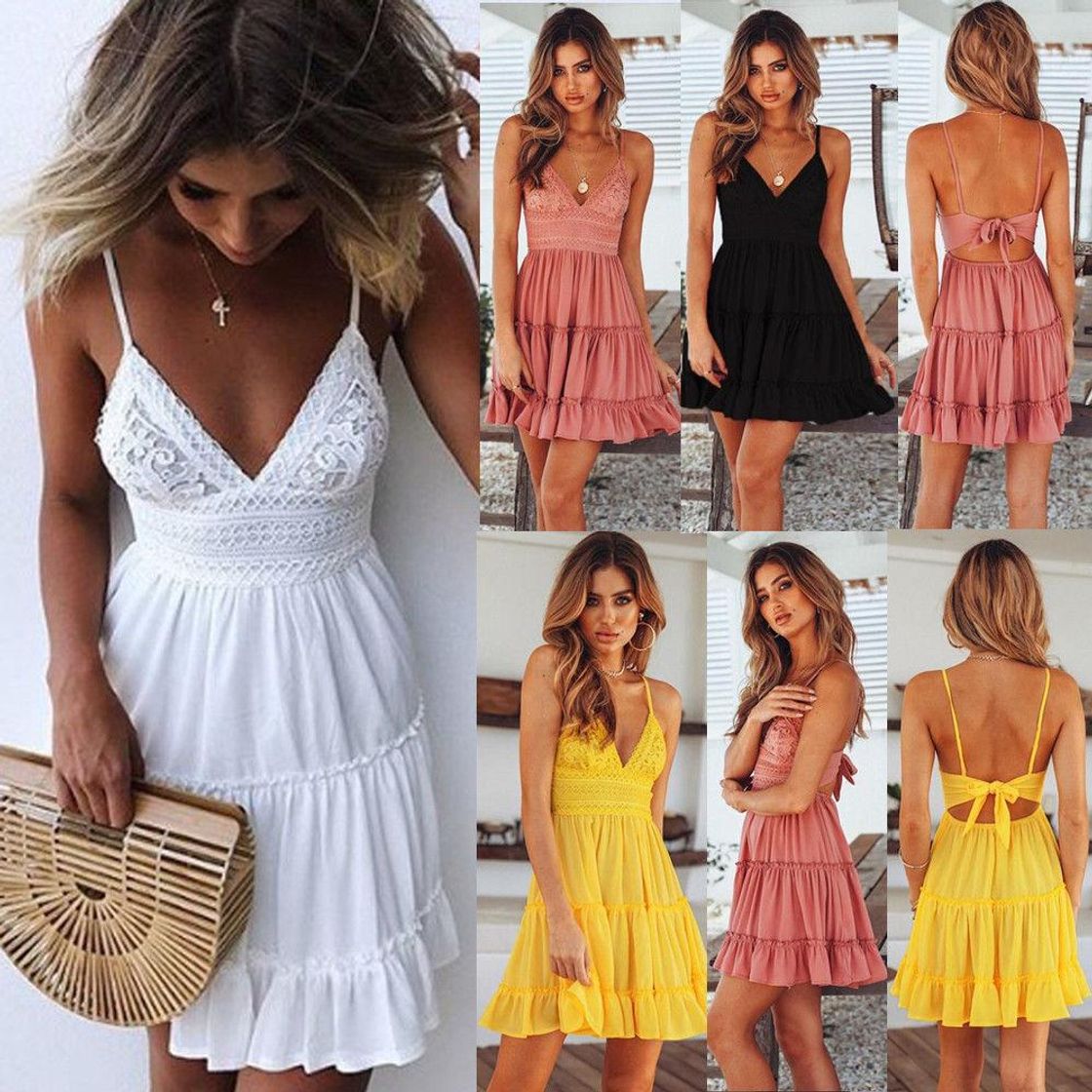 Social Vestidos De Verano para Mujer Boho Correas De Espagueti De Encaje Sin