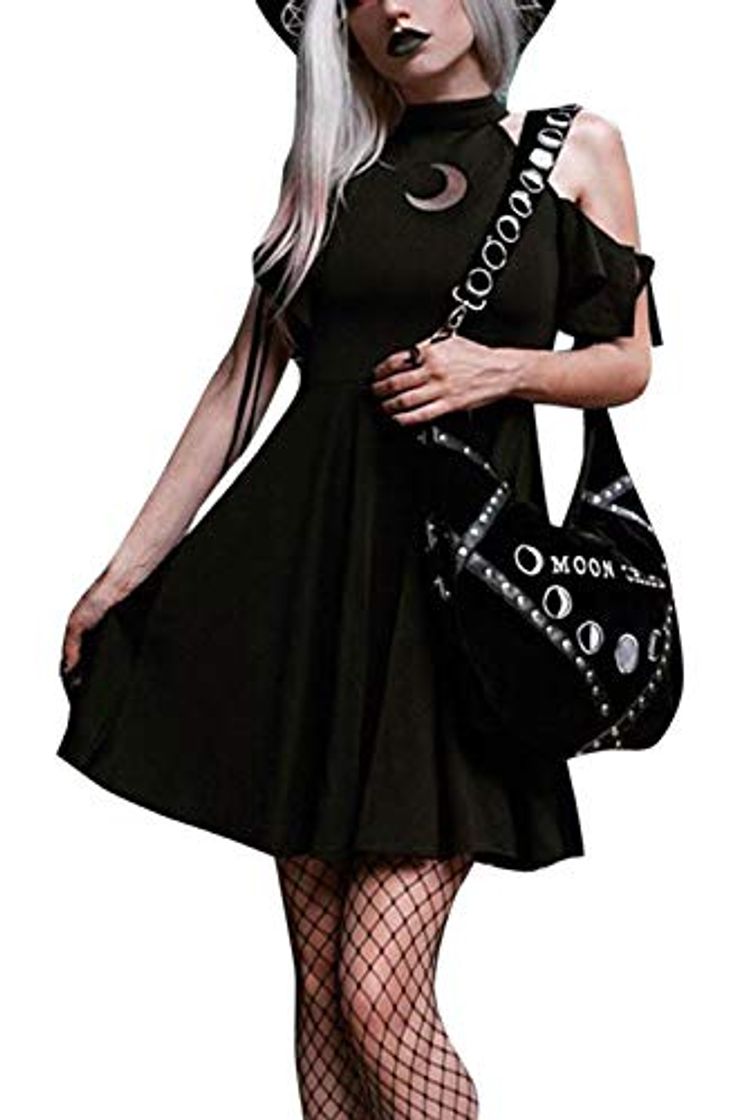 Producto Faldas Plisadas Sin Tirantes Hombros Descubiertos Manga Corta Vestido Punk para Mujer Negro S