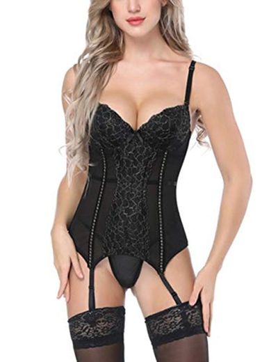 FeelinGirl Mujer Sexy Moda Corsé Bustier Vintage Elegante Shapewear Cinta Ajustable Negro