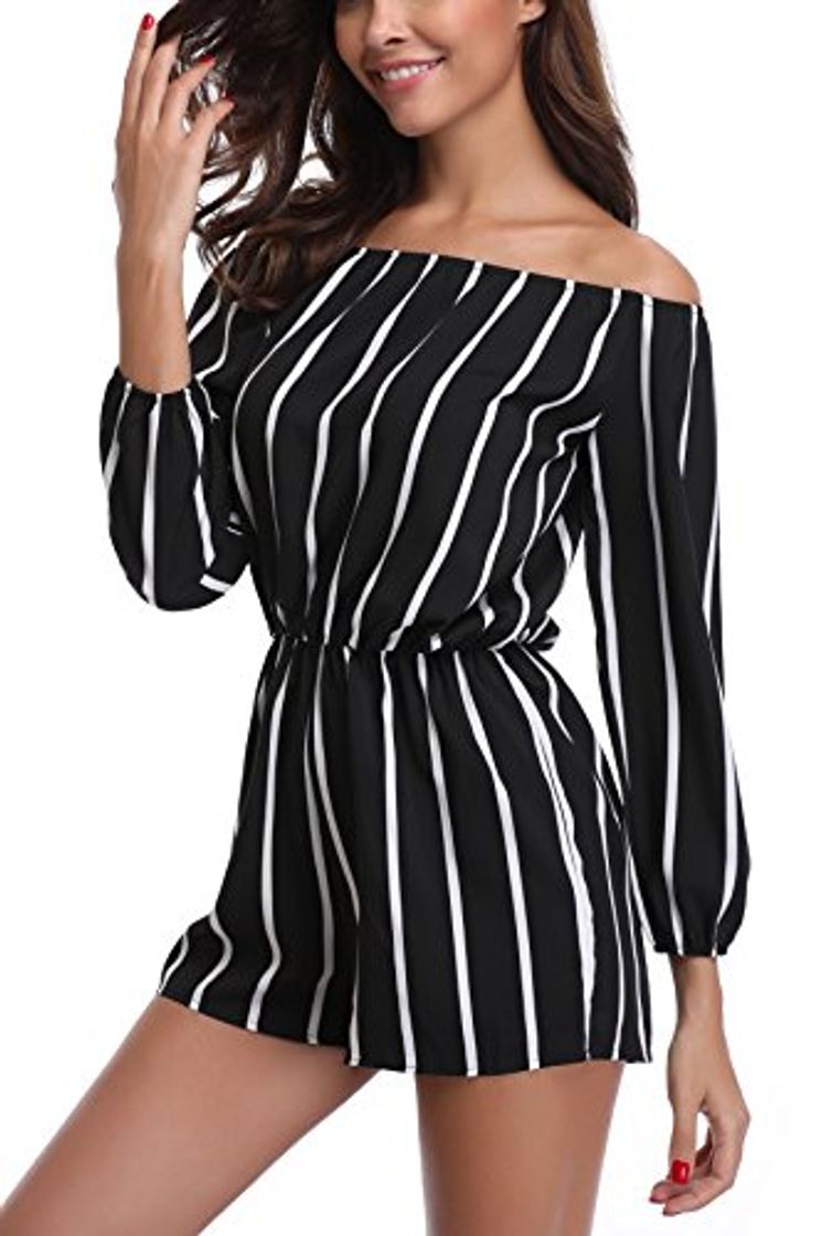 Moda MISS MOLY Mono A Rayas Mujer Fiesta Sexy Manga Larga de Noche Trabajo Mamelucos básicos Bodysuit Pantalones Negro Medium