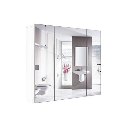 Homfa Armario Baño con Espejo Armario de Pared con 3 Puertas 4 Compartimentos 70x60x15cm