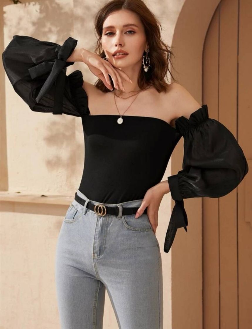 Fashion Off Shoulder Knot Cuff Bishop Sleeve Bodysuit | SHEIN USA