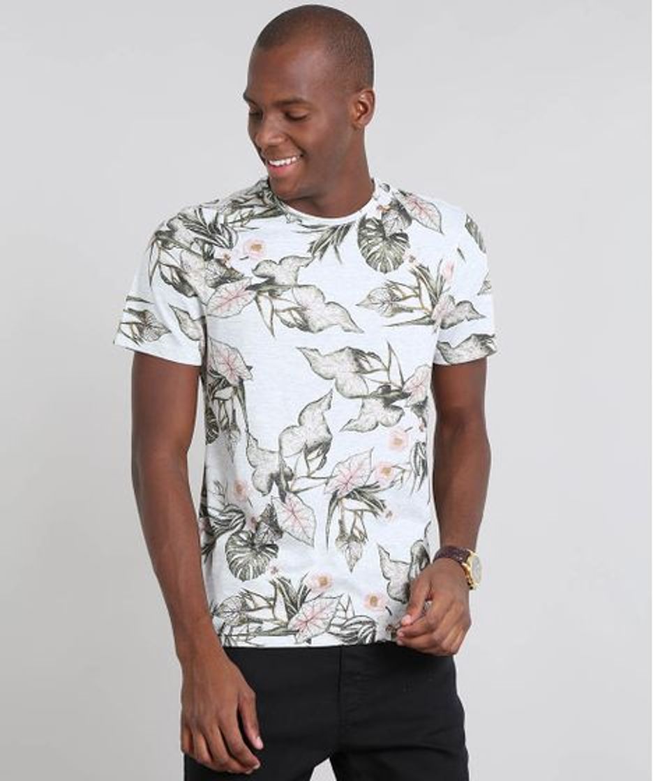 Moda Camiseta Masculina Estampada Folhagem Manga Curta 