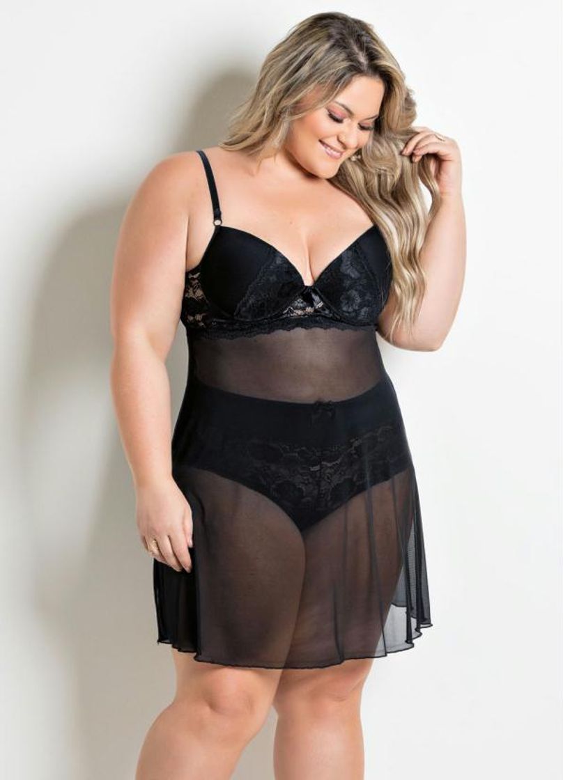 Moda Camisola Plus Size em Tule Preta - Alma Dolce