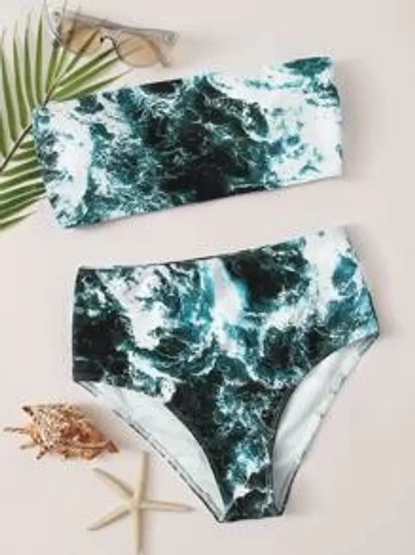 Social Sea Wave Print Bandeau Bikini Swimsuit | SHEIN USA